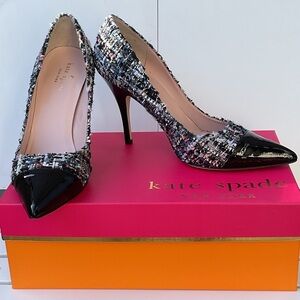 kate spade new york “Lacy” Black Patent & Multicolor Tweed Pointed Toe Pumps